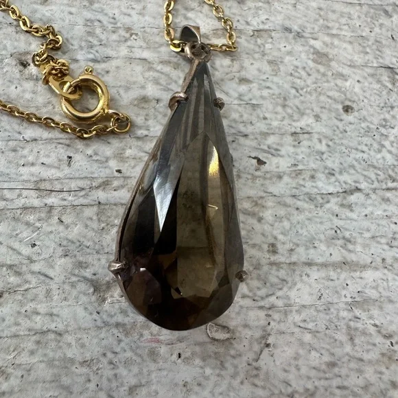 Vintage Sterling Modernist Smokey Quartz Pendant With Gold Tone Chain